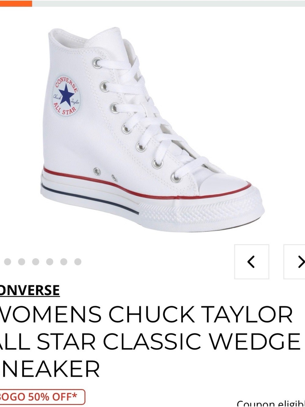 Converse Womens Chuck Taylor Classic Wedge Sneaker in White with Red Stripe